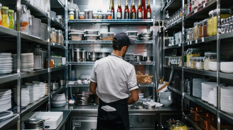 Managing Perishable Inventory Waste in a Local Cafe Back view of a chef in a white uniform and cap, standing in a stainless steel pantry filled with plates, bowls, and jars on shelves