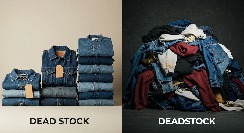 Selling Off Dead Stock Without Devaluing Your Brand Left shows neatly folded denim shirts on a table with price tags, right shows a chaotic pile of clothing; both labeled DEAD STOCK.